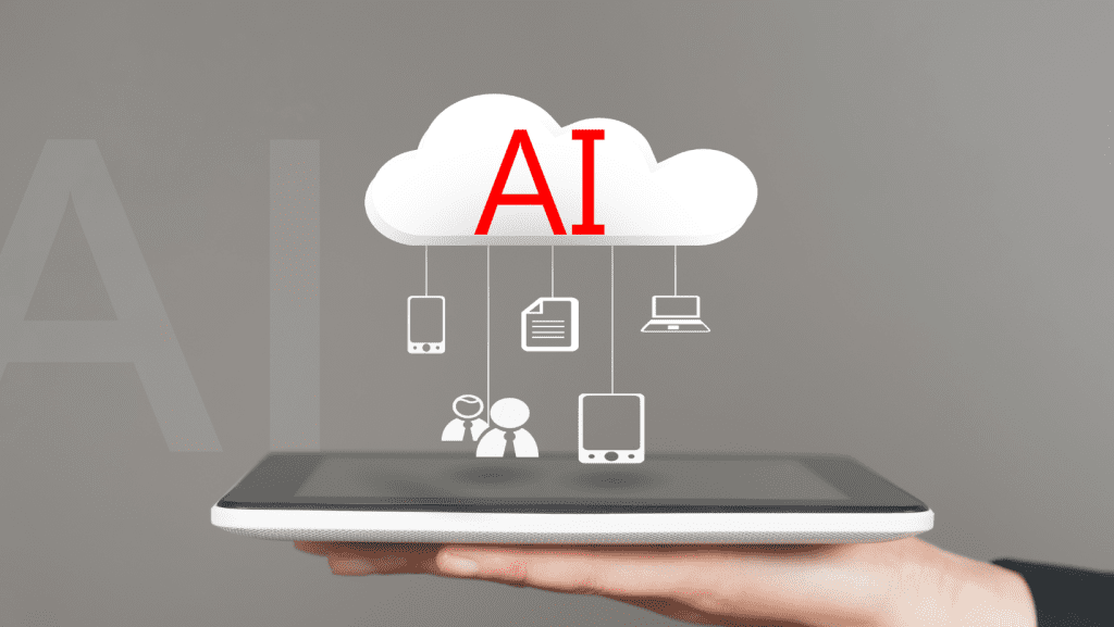 Persona sosteniendo una tablet de la cuál salen la siglas de Inteligencia Artificial