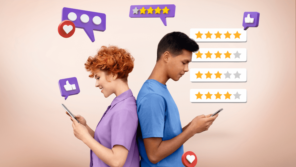 Personas respondiendo reseñas de Google con sus teléfonos móviles.