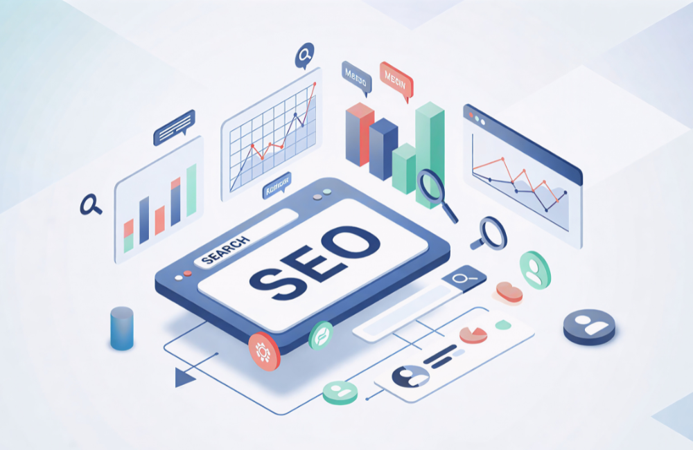 Ilustración de estrategia SEO mostrando posicionamiento web en buscadores, con elementos como lupa, gráfico de crecimiento y resultados de búsqueda.